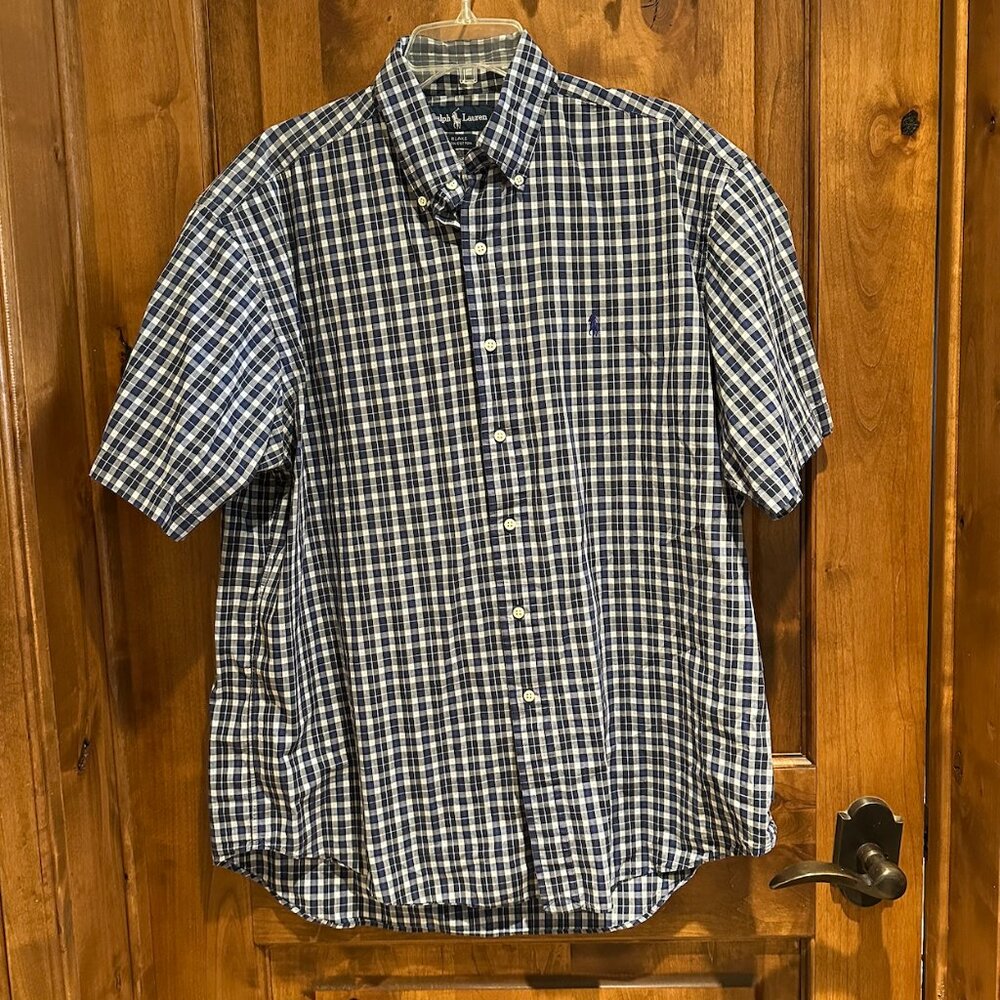 Men's Polo Ralph Lauren Blake Navy Plaid Short Sleeve Button Down Shirt Size L